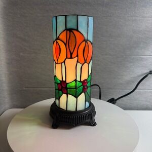 Tiffany Style Stained Glass Candle Uplight Lamp Orange Floral Blue Base